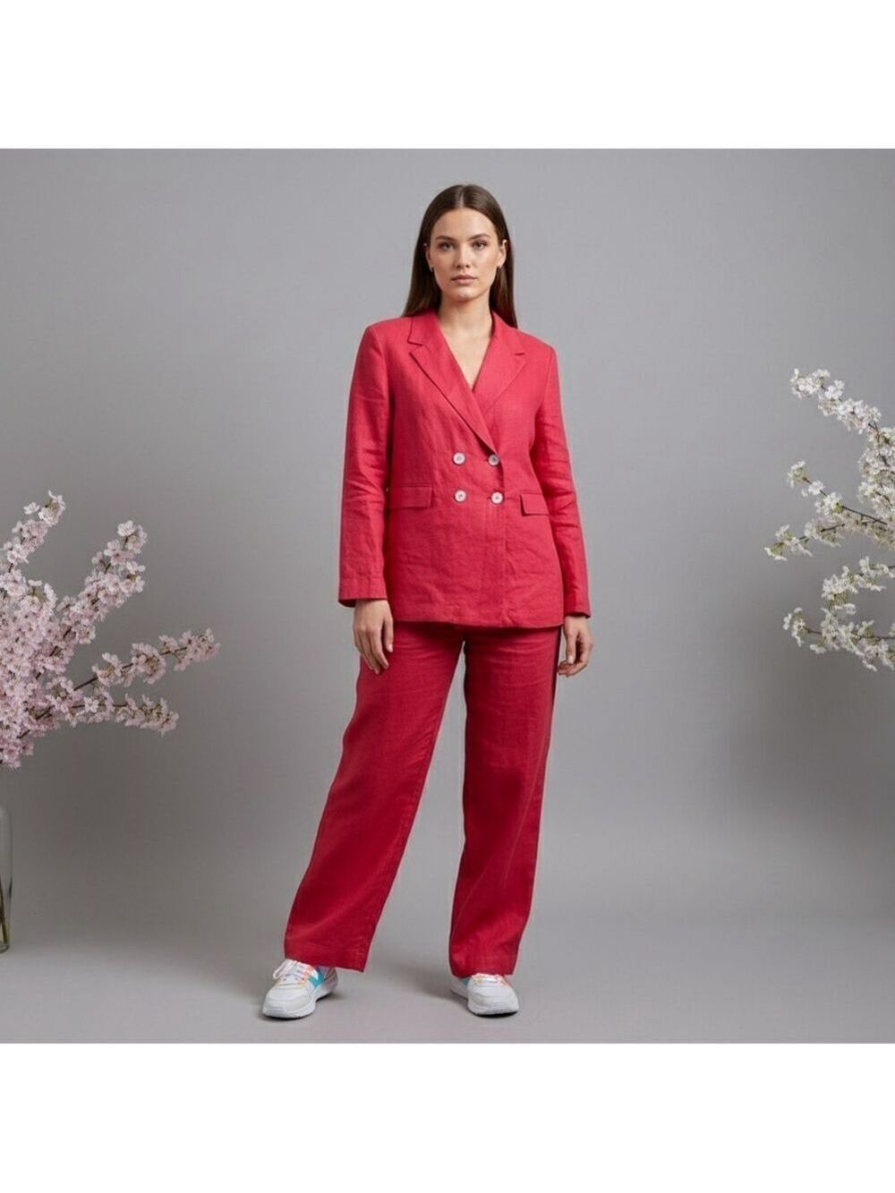 MANGO Double-Breasted Linen Cotton Suit Blazer Pants Set Red oversized Sz 1XL